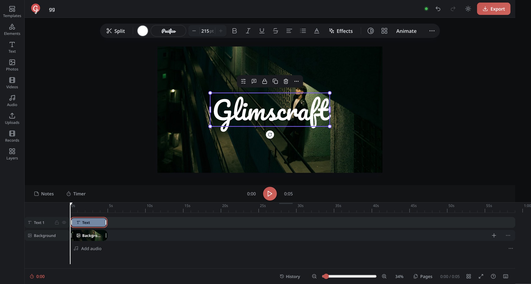 The Glimscraft editor: a background image and styled title on the canvas, the floating toolbar above the selection, and text plus background tracks on the timeline.
