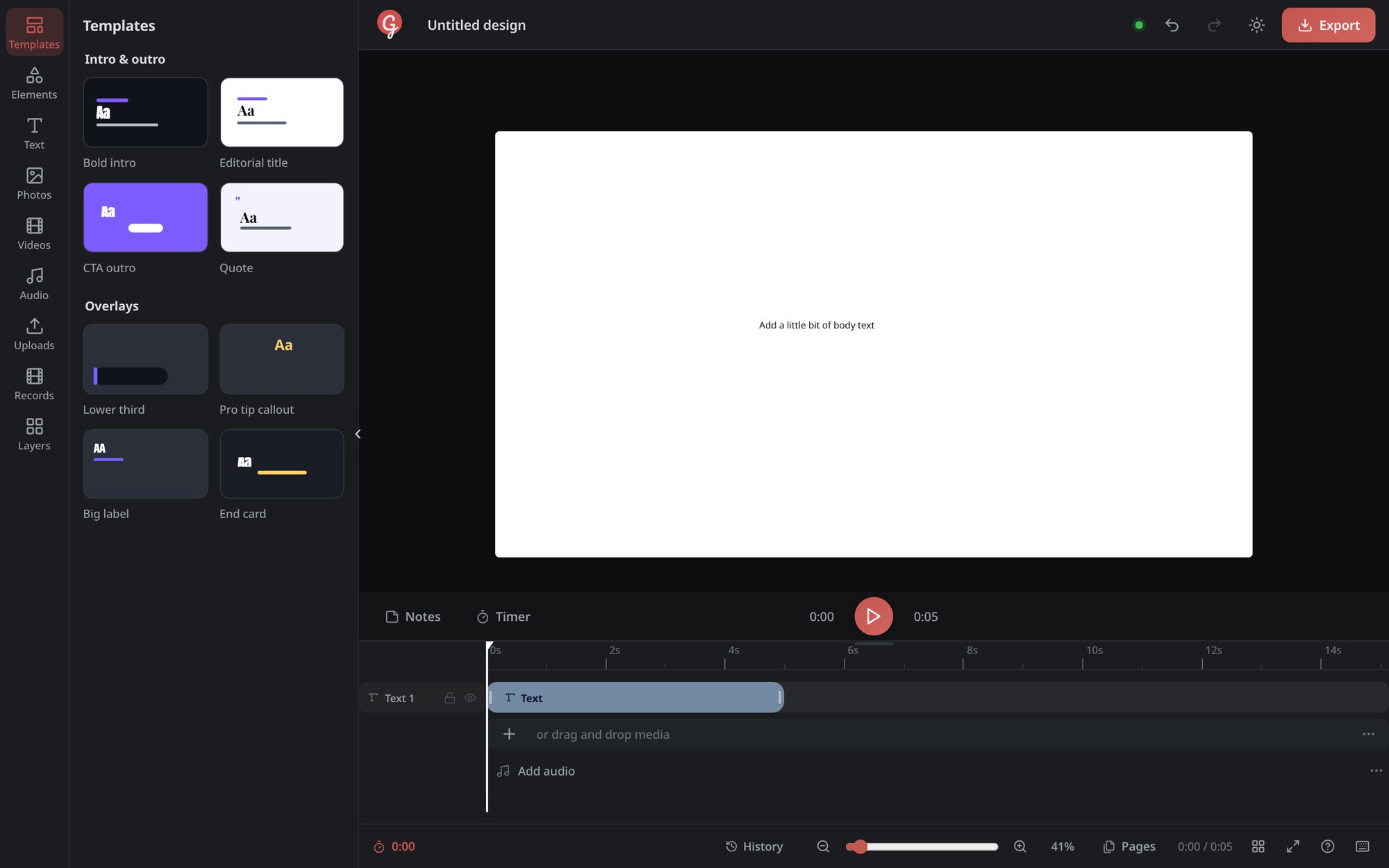 The Templates panel in Glimscraft: intro, outro and overlay presets ready to drop onto the canvas.